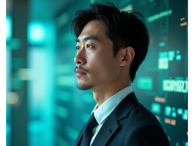 技術責任者である佐藤氏のポートレート。AIとデータのグラフが背景にぼんやりと見える。