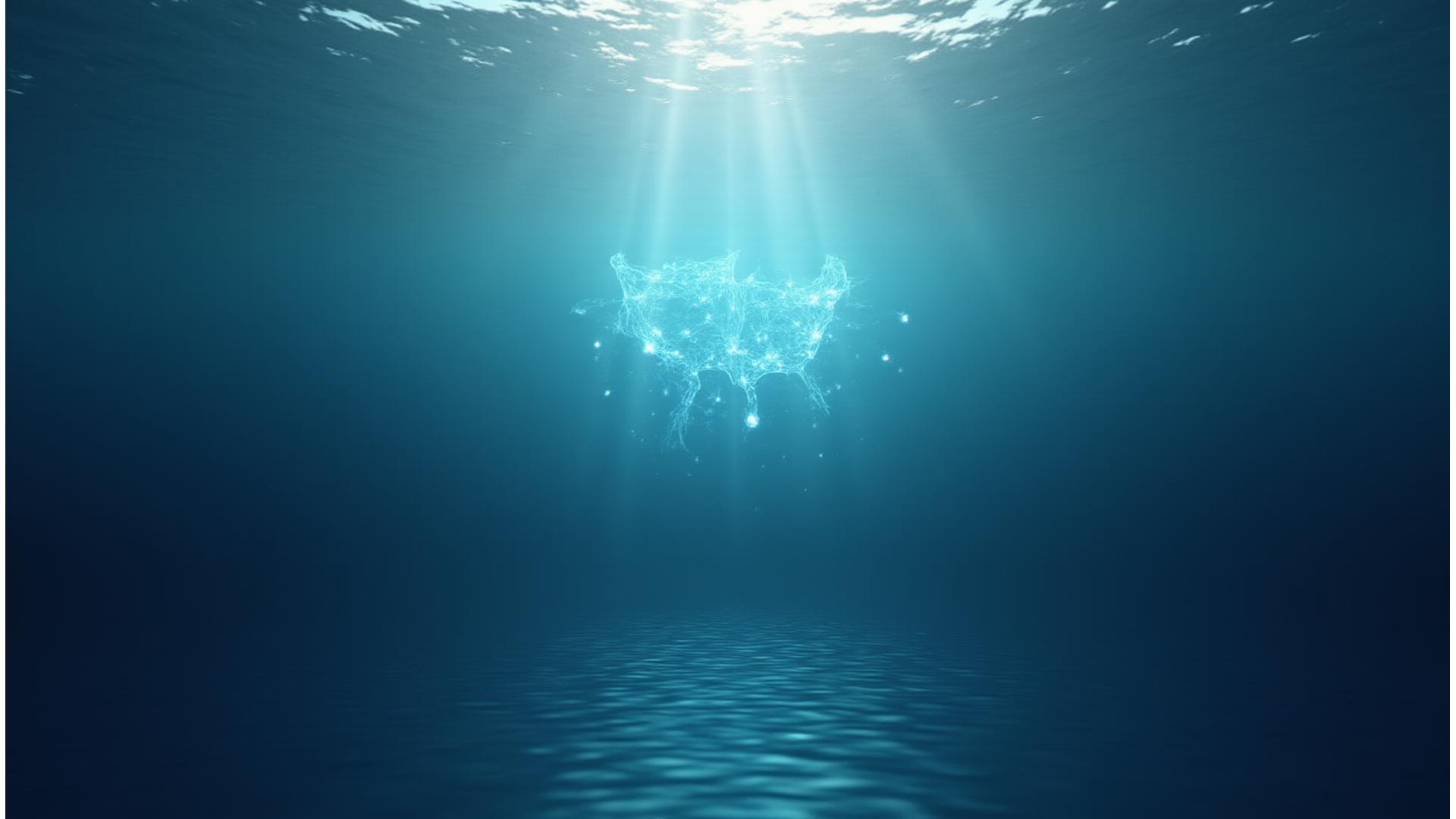 深遠な青い海を背景に、透明なガラスのようなデジタルインターフェースが浮かび上がり、持続可能な海洋技術の概念が視覚化されている。