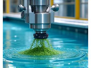 九州のエビ養殖場。無人ロボットアームが給餌を行っている