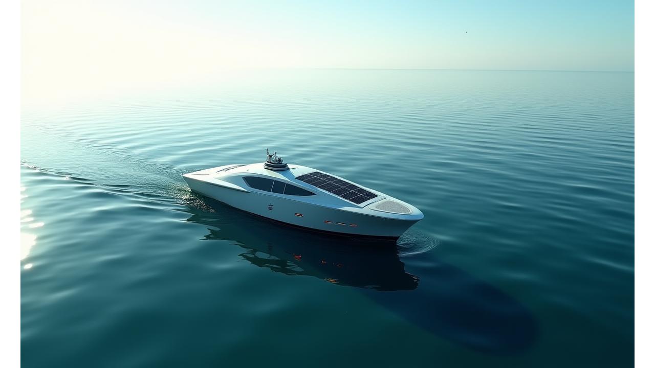 広大な海洋を自律航行するAI制御無人艇の俯瞰図