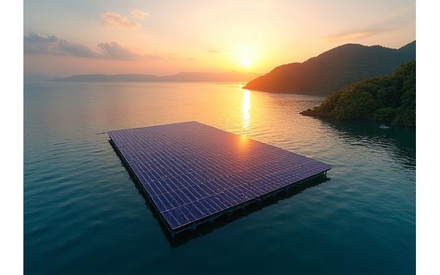 海に浮かぶソーラーパネル群と養殖施設の組み合わせ
