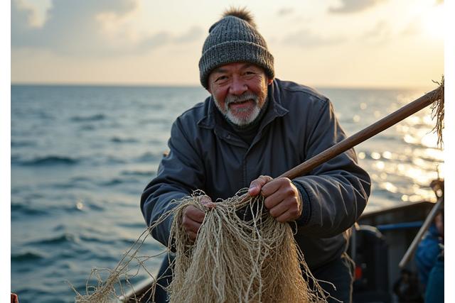 青森の漁業者が網を引いている様子