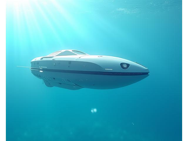 水中を泳ぐ自律型観測ロボット。複数のセンサーポッドとカメラを搭載し、データを収集している様子。