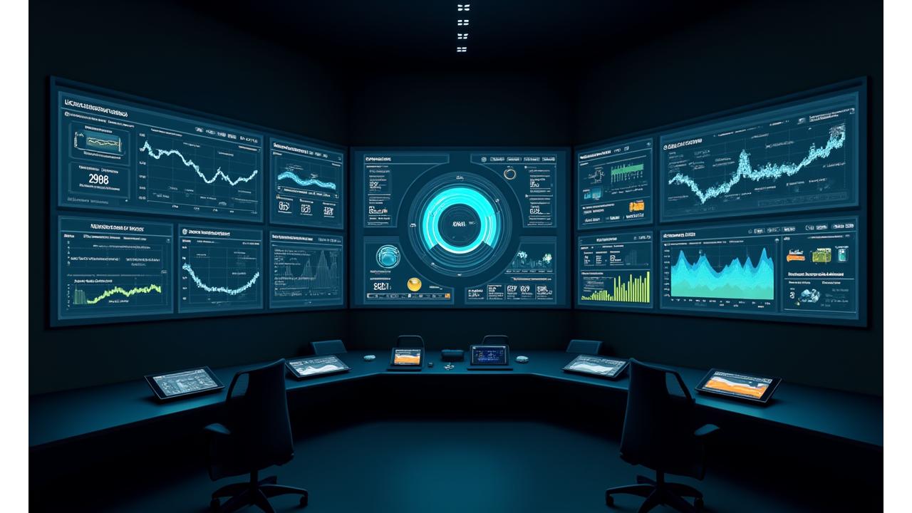 多数のグラフとリアルタイムデータフィードが表示された、クリーンで未来的な監視ダッシュボードの画面。水温、塩分濃度、pH値、生物の個体数などが視覚化されている。