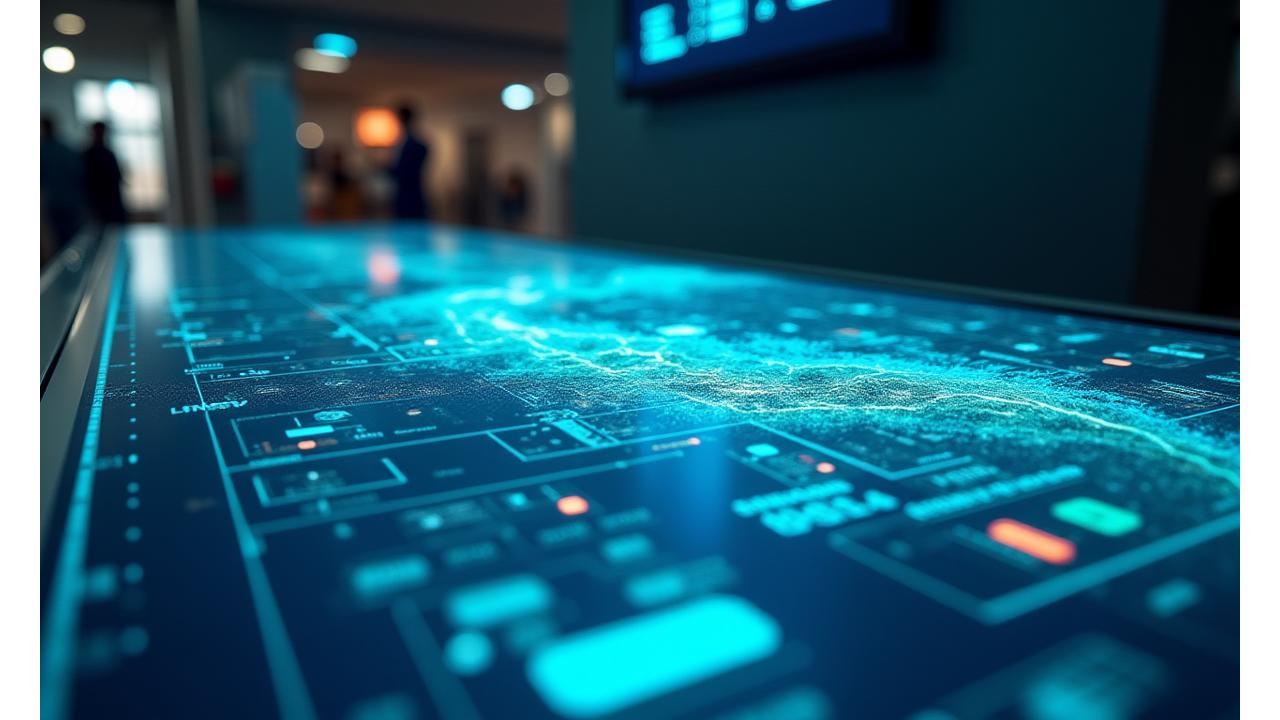 AIが海洋データを解析し、漁場を予測する様子を示す複雑なデータ可視化