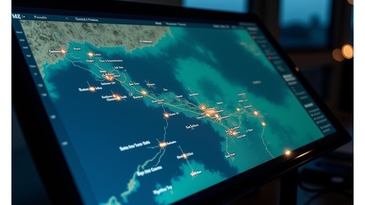 インタラクティブな海洋マップ上に、AIが予測した高確率の魚種分布エリアがヒートマップで重ねて表示されている様子