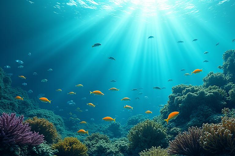 海洋生態系のバランスと持続可能な漁業の概念を示す、魚群とサンゴ礁、そしてデータグラフが融合したイラスト