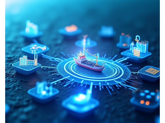 ブロックチェーン技術を視覚化した、水産物の鮮やかなトレーサビリティフローのデジタルグラフィック