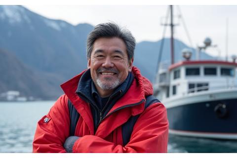 北海道の漁船の前で田中船長が笑顔でポーズをとっている。