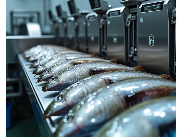 自動選別・計測装置が魚を正確にサイズ別に仕分け、デジタルディスプレイにデータが表示されている。