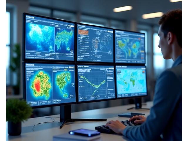 漁業データ統合管理プラットフォームのダッシュボード画面。魚群データ、水質、漁獲量などがグラフで表示されている。